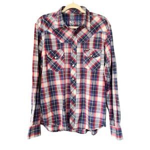 Southern Thread Western‎ Pearl Snap Shirt Men Large Red Plaid Long Sleeve Rodeo